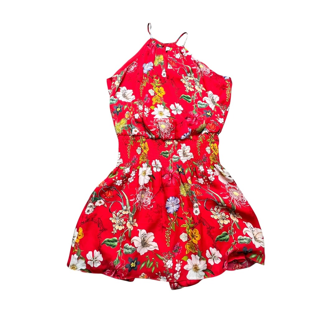 Parker Red Floral Halter Romper Smocked Waist Tie Belt Size S